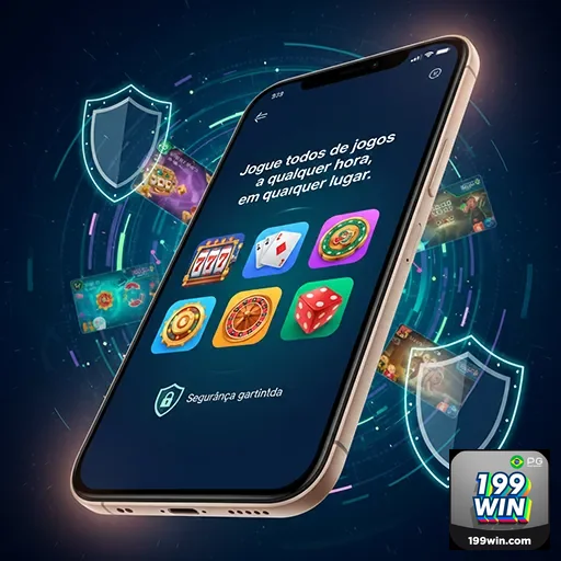 Imagem de celular com app de casino, ícones de jogos e promoções